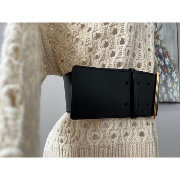 Alexander McQueen Black Leather Wide Belt with Gold Buckle main image 15